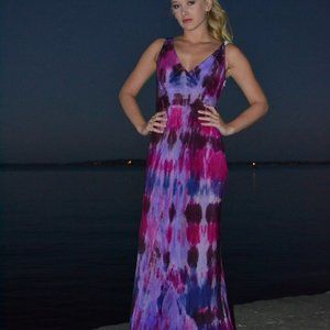 New painted tie dye silk resort beach dress maxi black purple pink blue runway